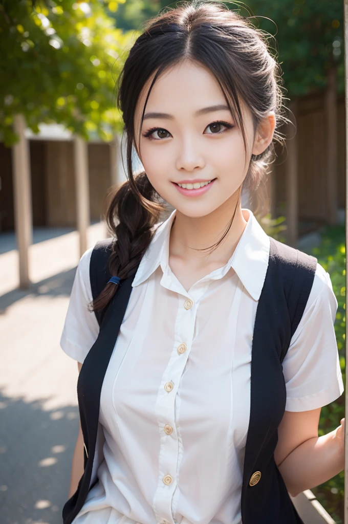 Pure Japanese school girl, sexual attraction, natural body, shiny white skin, wearing uniforms, natural ponytail, no makeup, impressive big brown eyes, pure smile, professional portrait photography, dazzling summer sunlight,