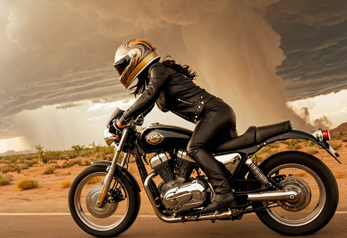 Long side view shot photo of a woman with a vintage 70s aesthetic, shiny metallic skull masked helmet, black wavy hair, black leather outfit with intricate detail, a big tornado at the background, warm tones, faded colors, cinematic, nostalgic feel, candid pose, riding a black motorbike with intricate detail, on a desert road, motion blur effect, action shot, Fine art photography style
