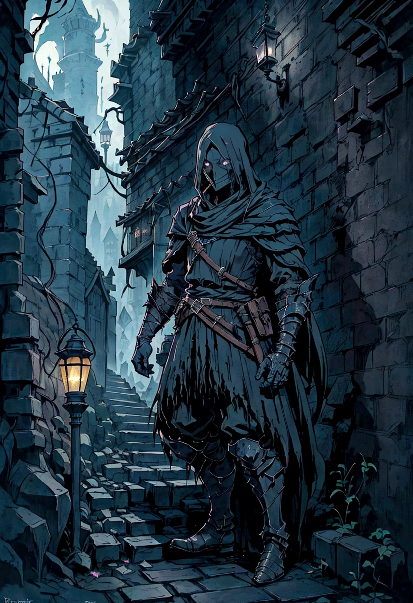 arafed stone steps leading up to a dark alley with a lantern lit building, photorealistic dark concept art, dark fantasy environment, highly realistic concept art, dramatic lighting. concept art, dark souls concept art, dark fantasy setting, medieval concept art, dark fantasy concept art, dark cinematic concept art, bloodborne concept art, dark abandoned city streets, dark alleyway