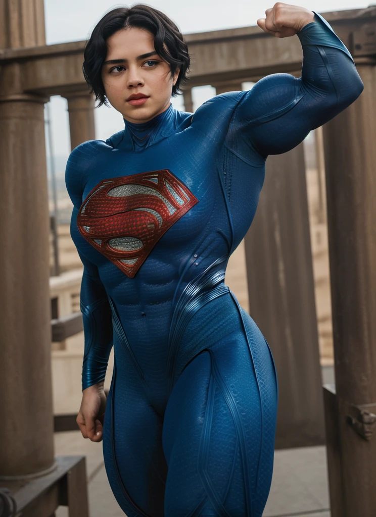 solo, 1girl, 5uper, supergirl, black hair, pixie haircut, blue eyes,muscular strong body,big bulging biceps, blue bodysuit,posing,flexing, long sleeves,high detail,realistic