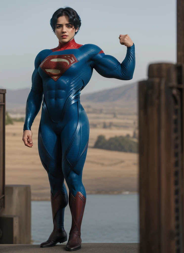 solo, 1girl, 5uper, supergirl, black hair, pixie haircut, blue eyes,muscular strong body,big bulging biceps, blue bodysuit,posing,flexing, long sleeves,high detail,realistic
