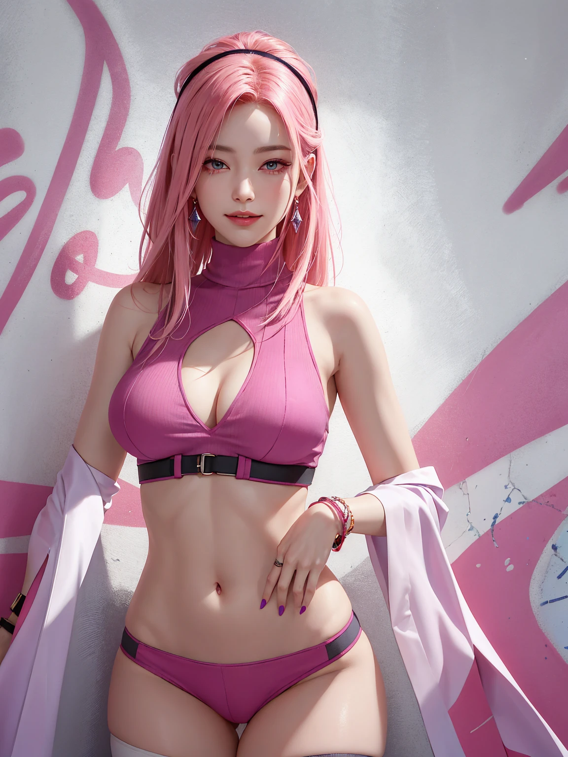 (Masterpiece, best quality, 1 girl, alone, complicated details, Chromatic aberration), realistic, ((Moderate breath)),long hair, pink hair, Red headpiece, Pink Highlights, hair on one eye,purple eyes, earring, sharp eyes, choker, Neon coat, She wears a collar, bangle, and kimono style garters., crop top, (symmetrical eyes),(Perfect symmetrical body),against the wall, Brick wall, (colorful graffiti words on the wall:1.2), The light is dim., alley ,Look at the viewer.、Dig the chest、smile、(sleeveless、Navel touch、Fitted turtleneck.)、street string hot pants、Thin bottom、Please build above the eaves..、Thin shoulders、in underwear、in sportbar、