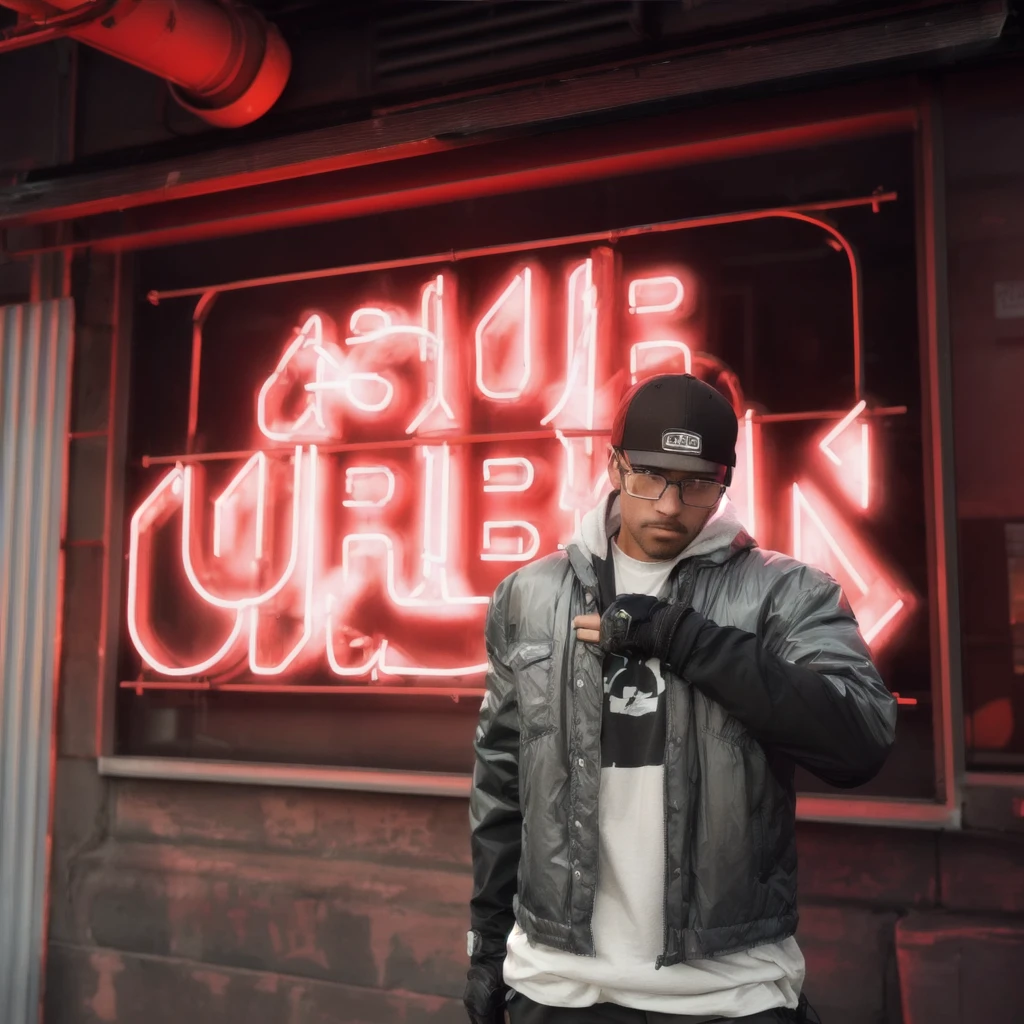 a man standing in front of a store with a neon sign, wearing a backwards hat, thin frame clear glasses,