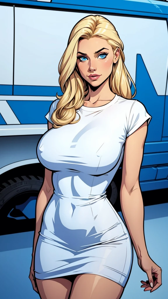 woman thin, elegant white dress, blondy hair, blue eyes, busty. Blue low-cut t-shirt. Comic style. 