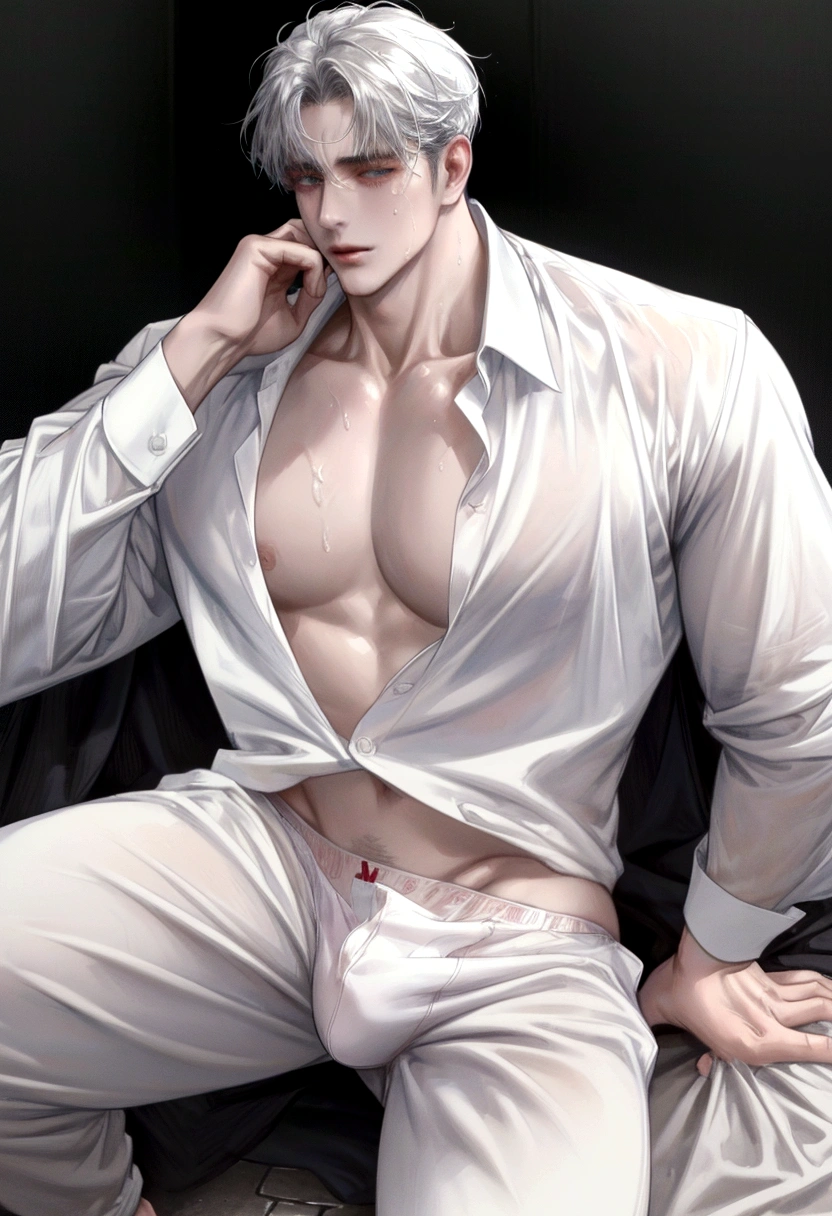 A wet handsome man, male in a wet white shirt and boxers, open legs, big chest, handsome man, handsome guy, handsome stunning realistic, portrait of a handsome man, clothed in wet white shirt, sweat, ((best quality)), ((masterpiece)), (detailed)