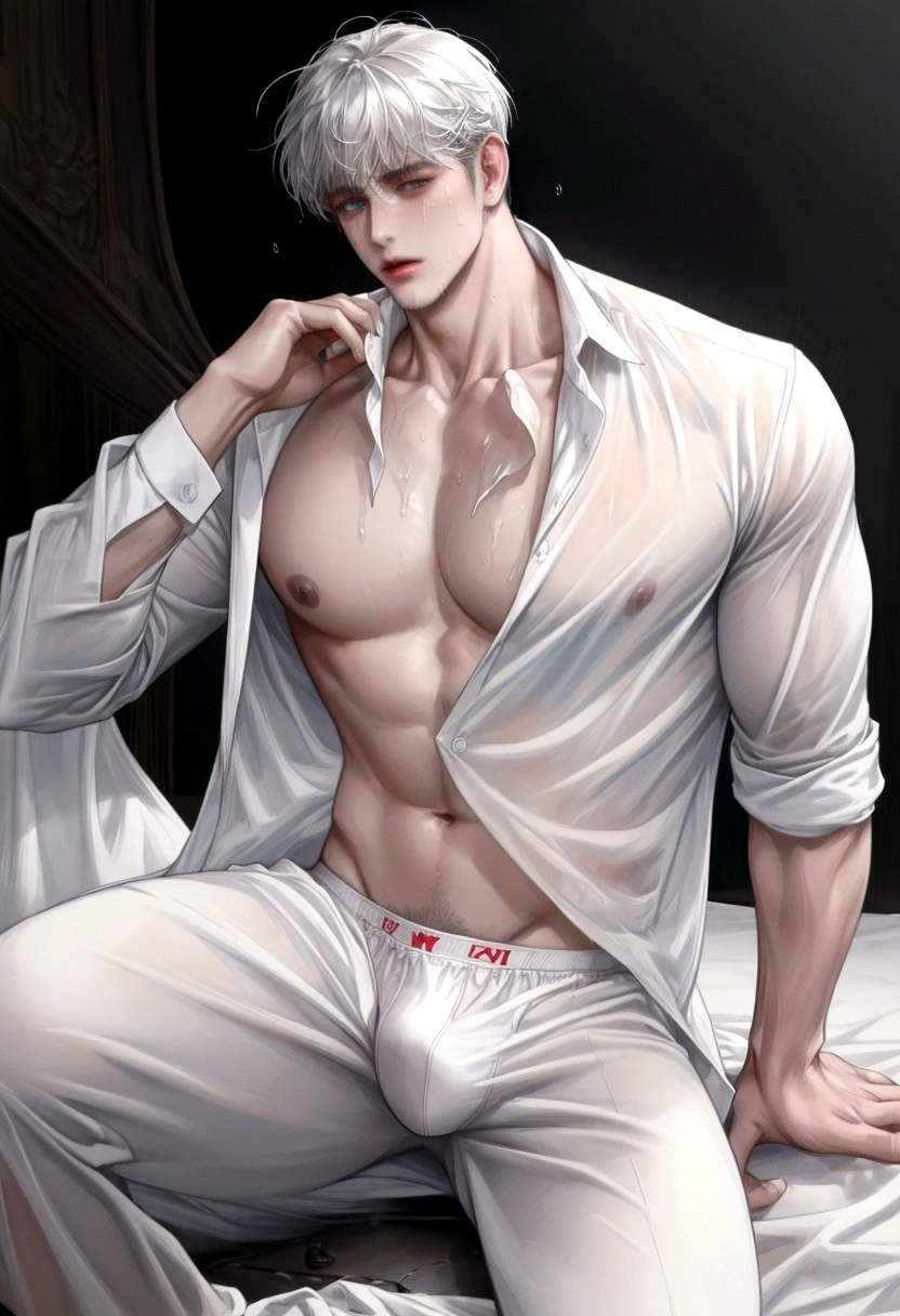 A wet handsome man, male in a wet white shirt and boxers, open legs, big chest, handsome man, handsome guy, handsome stunning realistic, portrait of a handsome man, clothed in wet white shirt, sweat, ((best quality)), ((masterpiece)), (detailed)