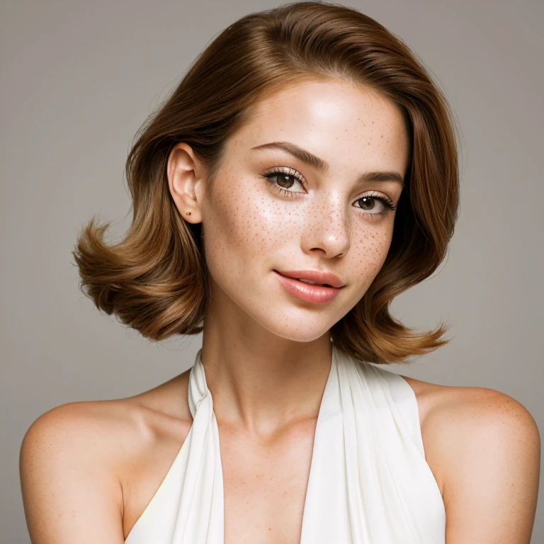 Generate an image of a confident and elegant woman, capturing her beauty and grace in a professional photography essay style. The focus should be on her upper body, highlighting her large, well-proportioned breasts with a natural and realistic appearance. Her eyes should be a striking and vibrant green, drawing the viewer in with their intensity and depth. Ensure that her skin is flawless, with intricate details such as subtle freckles, smooth texture, and a healthy glow. The lighting should be soft and flattering, accentuating her features and creating a sense of depth and dimension. The overall composition should be balanced and visually appealing, with a tasteful and respectful approach that celebrates the subject's beauty and strength