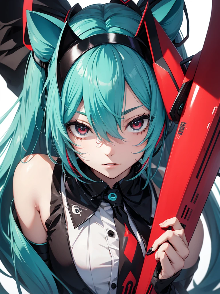 hatsune miku, red hair, black eyes, yandere, crazy, insane cat ears