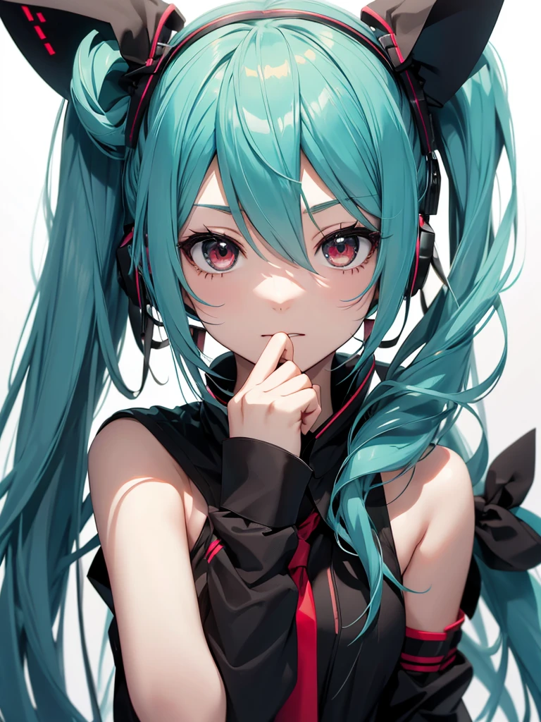 hatsune miku, red hair, black eyes, yandere, crazy, insane cat ears
