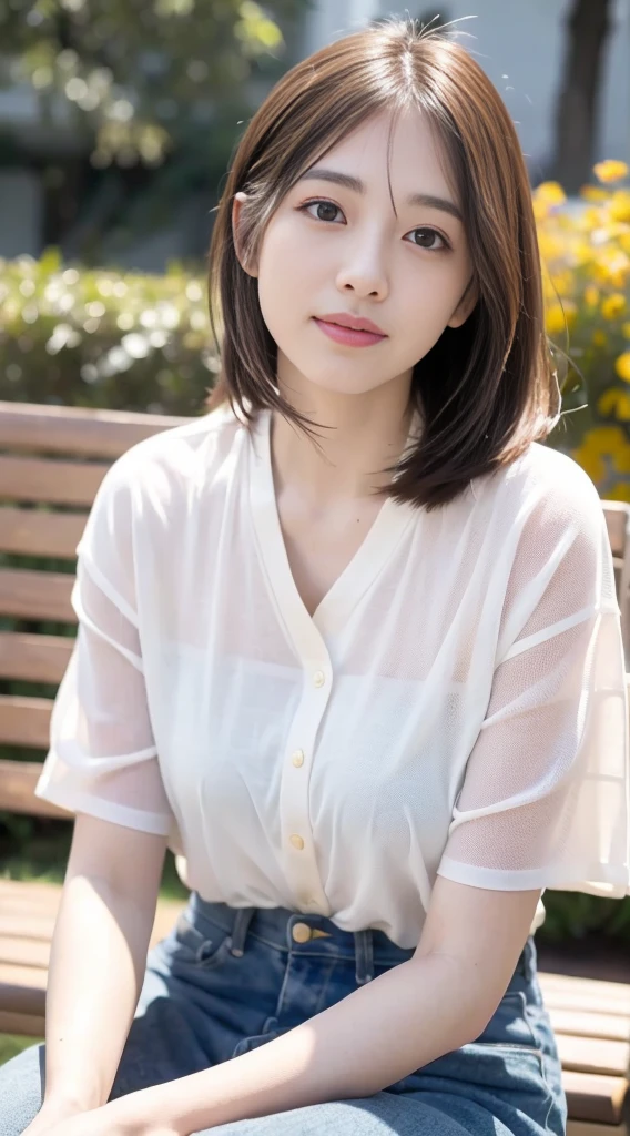 Mix 4, 20 days, alone, length_hair, Nanase Nishino,plum, Haruka Kaki, garden, bench, sit down, (8K, Raw photo, Highest quality, masterpiece:1.2), (Realistic, Realistic: 1.37), Professional Lighting, Photon Mapping, Radio City, Physically Based Rendering