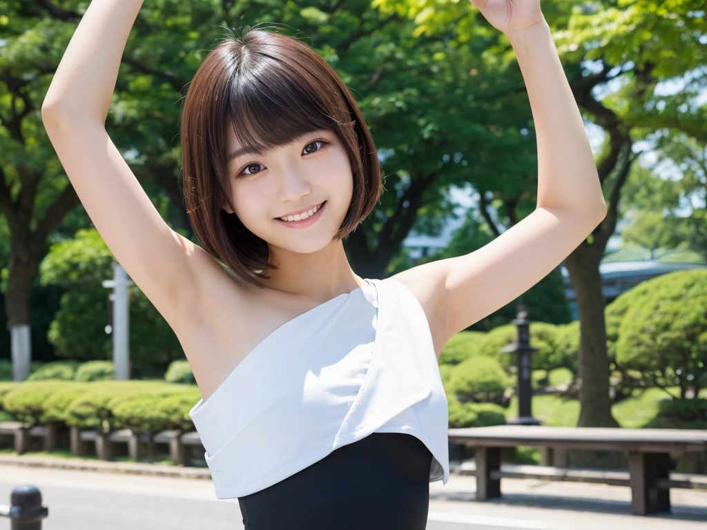 (best quality:1.2), masterpiece, Realistic, Ultra-high resolution, (((1 Japanese woman:1.2))), , Bobcut, ((wearing Shoulder hole tops:1.2)), arms up, smile, Park during the day