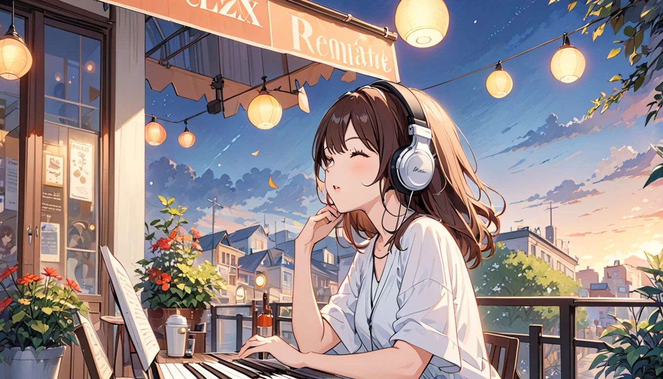 Girl wearing headphones,Enjoy singing along to jazz music on the terrace of a cafe,Brown Hair,One girl,relax,Evening background,Note mark