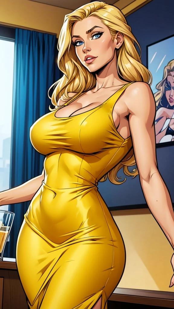 woman thin, elegant gold dress, blondy hair, blue eyes, busty. Yellow top. Comic style