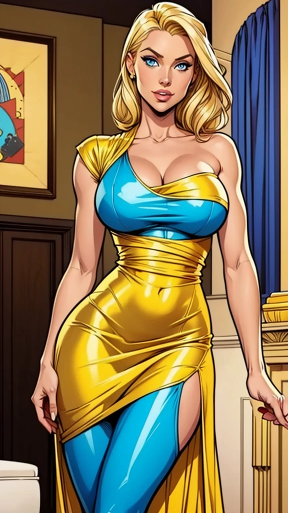 woman thin, elegant gold dress, blondy hair, blue eyes, busty. Yellow top. Comic style