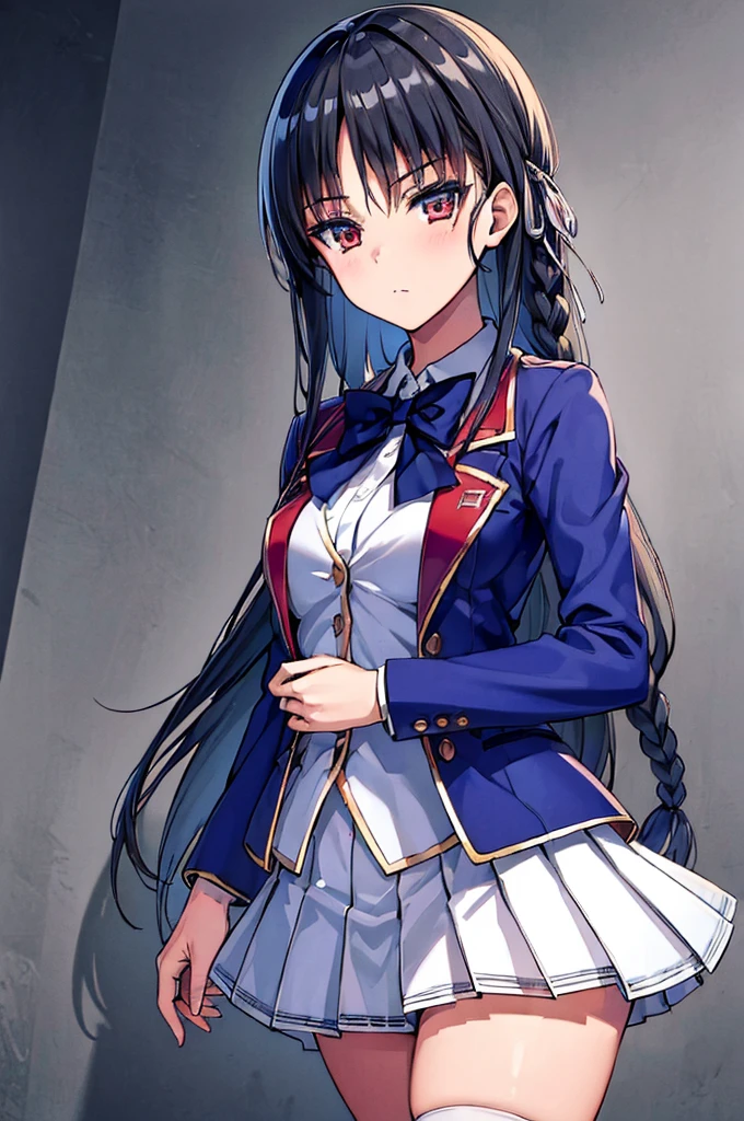 (masterpiece, best quality:1.5), (ultra detailed:1.5), perfect anatomy, 
1girl,
Suzune Horikita, 
Suzune Horikita \(youjitsu\),
long hair, braid, 
black hair, 
red eyes, slant eyes, small eyes, 
blue bow, 
medium breasts, 
, red jacket, long sleeves, white skirt, pleated skirt, black thigh-high socks, 
looking at viewer, 
cowboy shot, 
perfect light, 