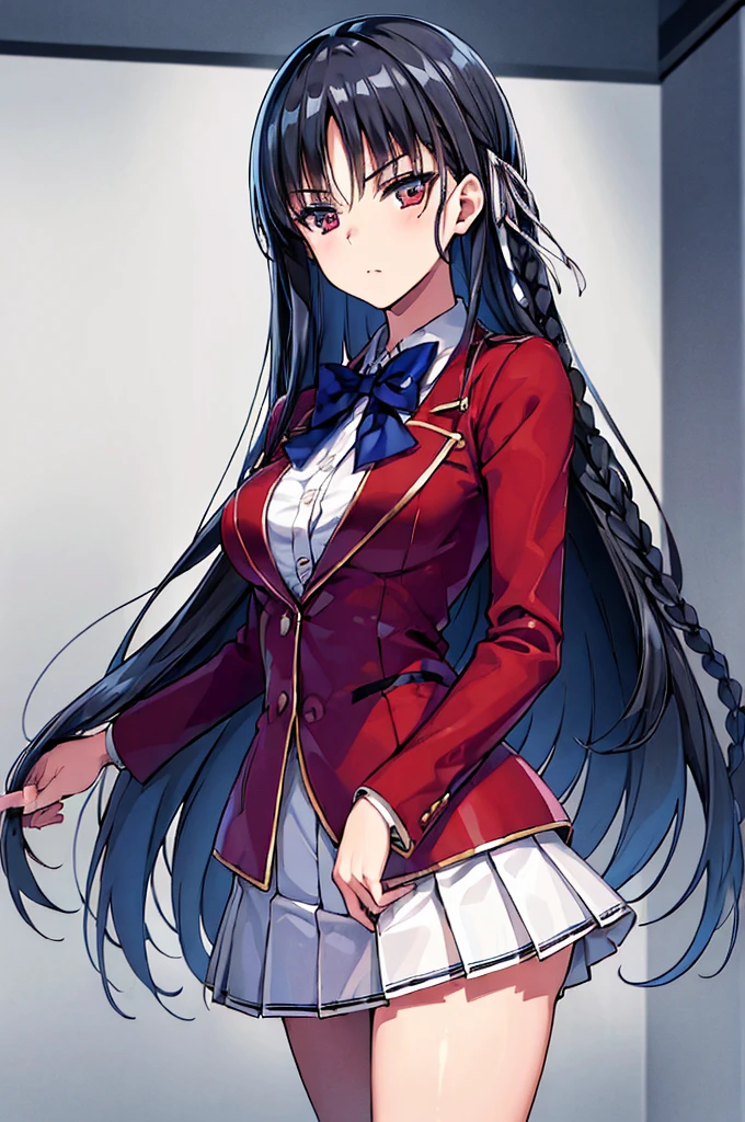 (masterpiece, best quality:1.5), (ultra detailed:1.5), perfect anatomy, 
1girl,
Suzune Horikita, 
Suzune Horikita \(youjitsu\),
long hair, braid, 
black hair, 
red eyes, slant eyes, small eyes, 
blue bow, 
medium breasts, 
, red jacket, long sleeves, white skirt, pleated skirt, black thigh-high socks, 
looking at viewer, 
cowboy shot, 
perfect light, 