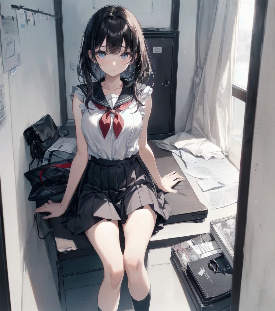 ((((absurdres, RAW photo, extremely delicate and beautiful, masterpiece, Best Quality, ultra high resolution, 32k, hyperrealistic, realistic, photorealistic, photo-realistic, ultra-detailed)))), in her 20s, very Slim body, narrow waist, very small head, very small face, delicate facial features, beautiful face, beautiful eyes, very huge round tits, medium hair, black hair, tearful mole, earring, ((full body shot)), ((school uniform)), sailor uniform, sleeveless, solo, alone, 1girl,