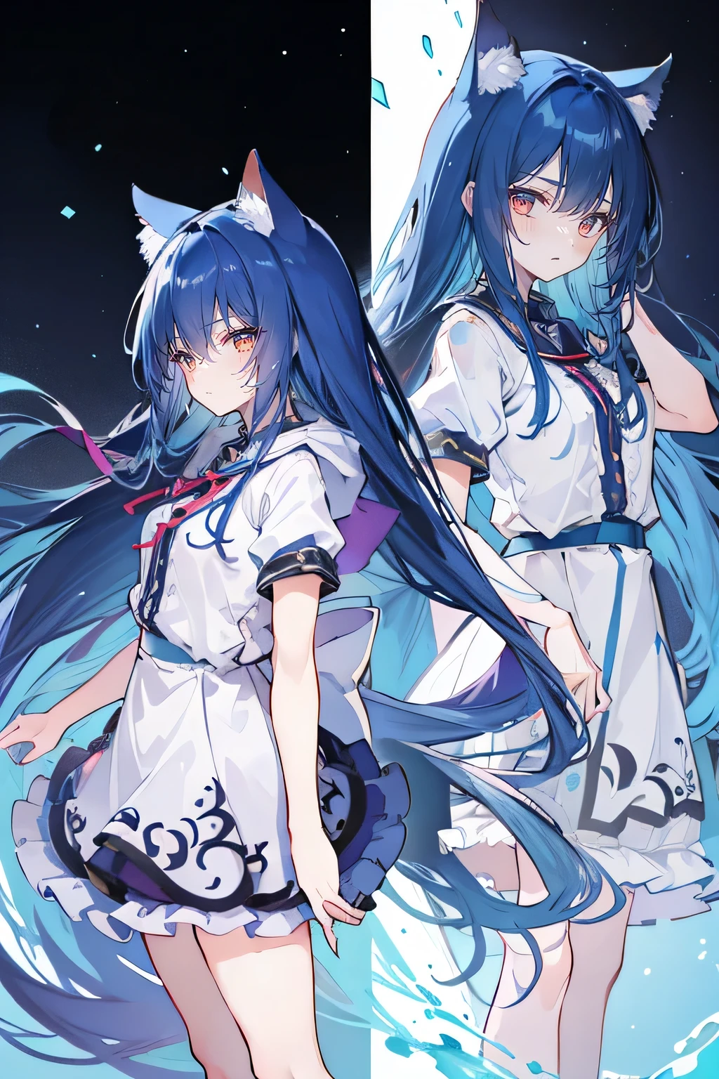 (masterpiece:1.2),Super detailed,lifelike,Expressive eyes,fair skin,perfect face shape,1 girl,
Japanese comics,Gorgeous blue hair,flowing blue hair,flowing clothes,Cat ears,Petals fall,beautiful lola,Baby Angel,
Shaking head with one hand,Cross your legs,Gentle and peaceful background,The pavilion is cool and comfortable,smile, wearing hoodie, background of tokyo,back views,snowing, winter,lie on the water. dark blue gradient hair,asymmetrical hair,((Hair is very thick 1.8,Chiseled hair 1.6)), Hair over the shoulders, Messy hair, Very long hair, shiny hair,(long dark blue hair:1.2),A beautiful girl,(Transparent clothes transparent 1.8),Perfect body,Big thin legs,slender,(Looks very sad,Looks haggard ,sadness,shut your mouth:1.2) Against the backdrop of an unusually bright dark starry sky,(Put your hands behind your back),(round,Room, Strong breasts),barefoot,float,water surface,(long legs,long legs,long legs,Complete)