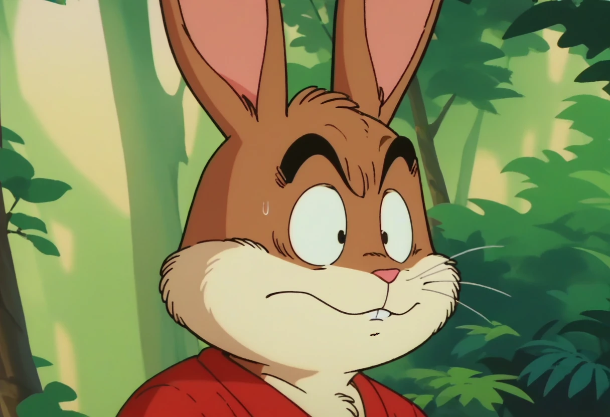anime screencap,drgbls1, solo, anthro rabbit,male,bugs bunny, score_9, score_8_up, score_7_up, score_6_up, forest, upper body