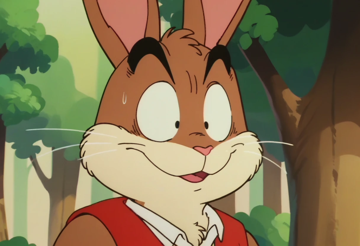 anime screencap,drgbls1, solo, anthro rabbit,male,bugs bunny, score_9, score_8_up, score_7_up, score_6_up, forest, upper body
