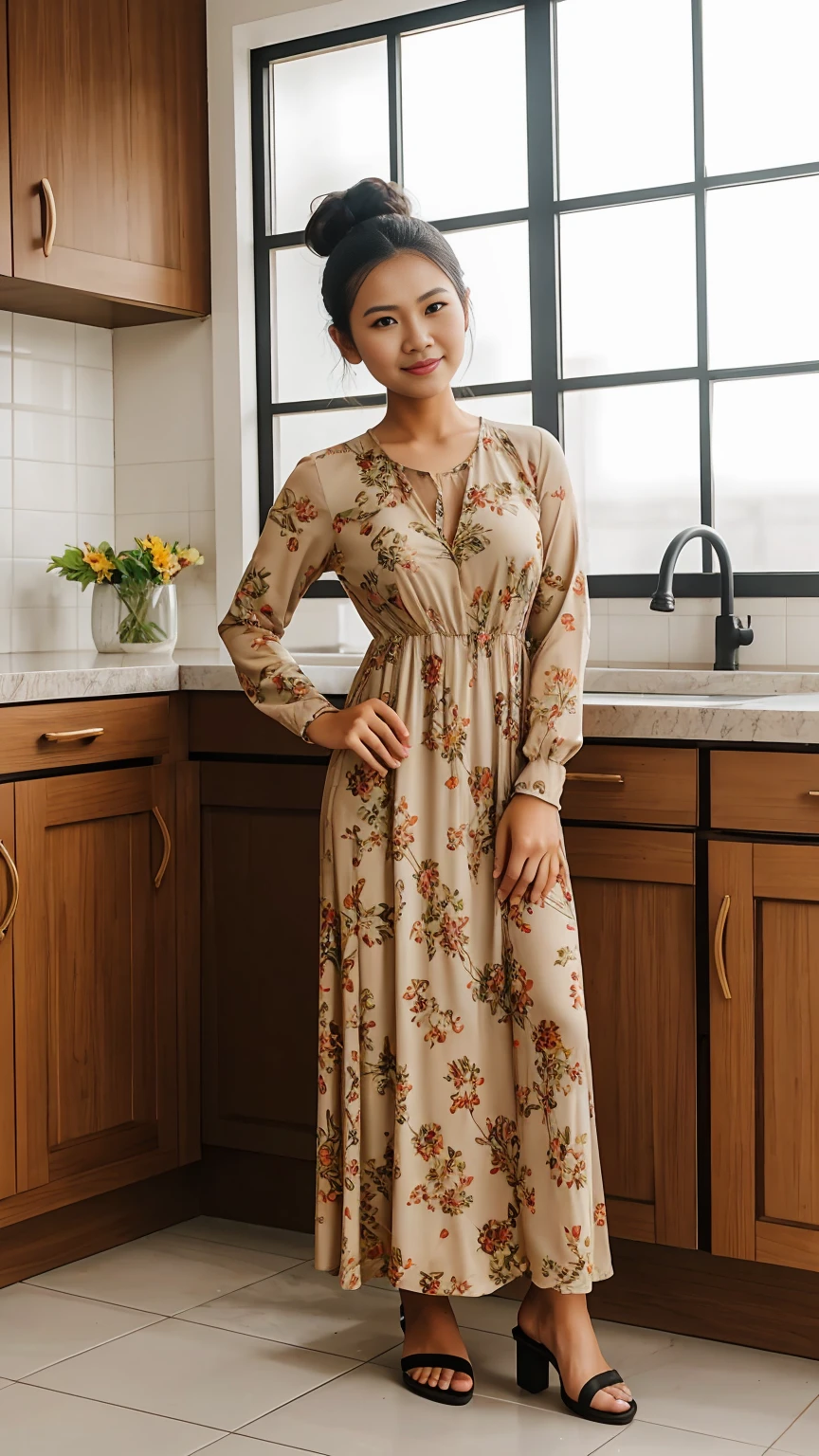 full body, Realistic, wide shot, Photography, Indonesian women, Housewife, 22 years, high bun hair, slim body, fair skin, cute face, Long sleeve floral maxi dress, and sandals, standing in the kitchen, facing the camera, stand up straight, graceful pose, sweet expression, detailed face, detailed background, bright light, sunlight