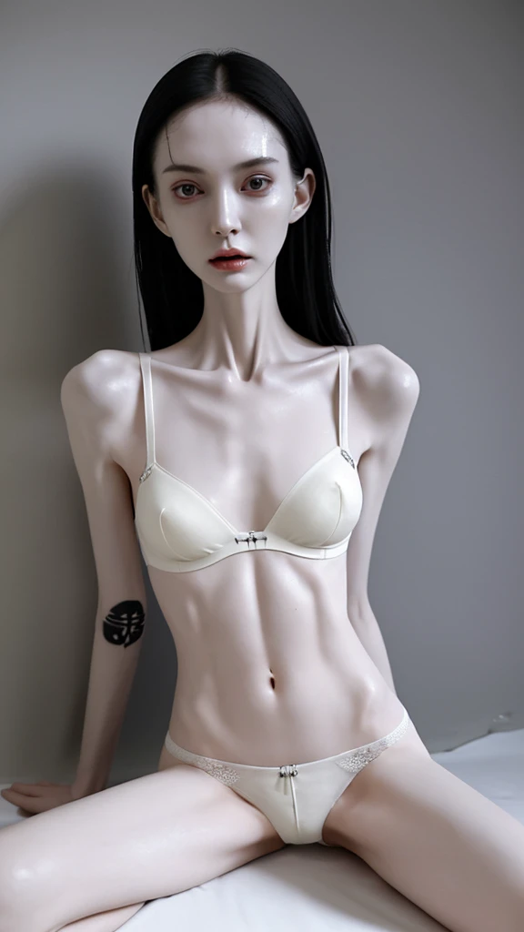 a woman, very thin body, body visible bones, very slender, pale white skin, sweaty wet body, panties, bra,tatto, full body, has a mental breakdown in an underground prison.