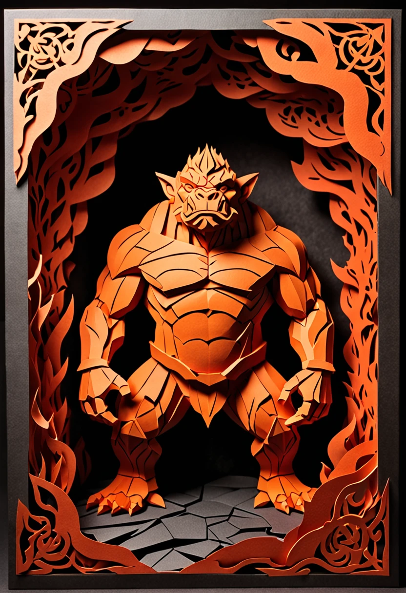 Kirigami representation of ral-lava troll in a magma chamber, lava, . 3D, paper folding, paper cutting, Japanese, intricate, symmetrical, precision, clean lines