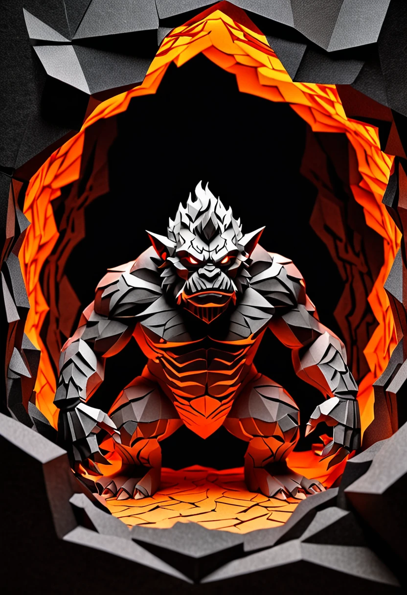 Kirigami representation of ral-lava troll in a magma chamber, lava, . 3D, paper folding, paper cutting, Japanese, intricate, symmetrical, precision, clean lines