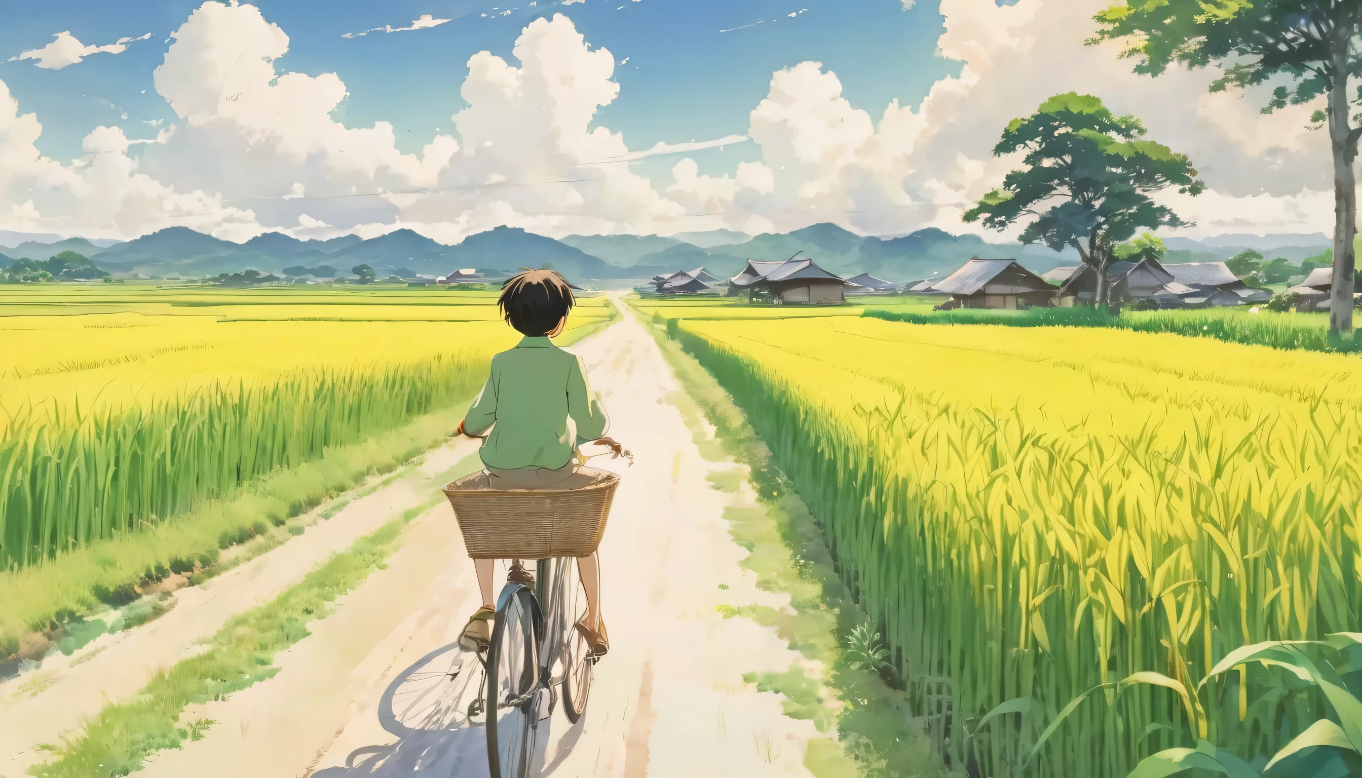 Beautiful illustrations, Endless rice fields, Half yellow、Half Green, Boy Riding a Bicycle, Girl sitting in the back seat，Style: Barnet, Includes 50d movie stills, Rural Scenery, countryside, panoramic,、Real、Paintings by Makoto Shinkai