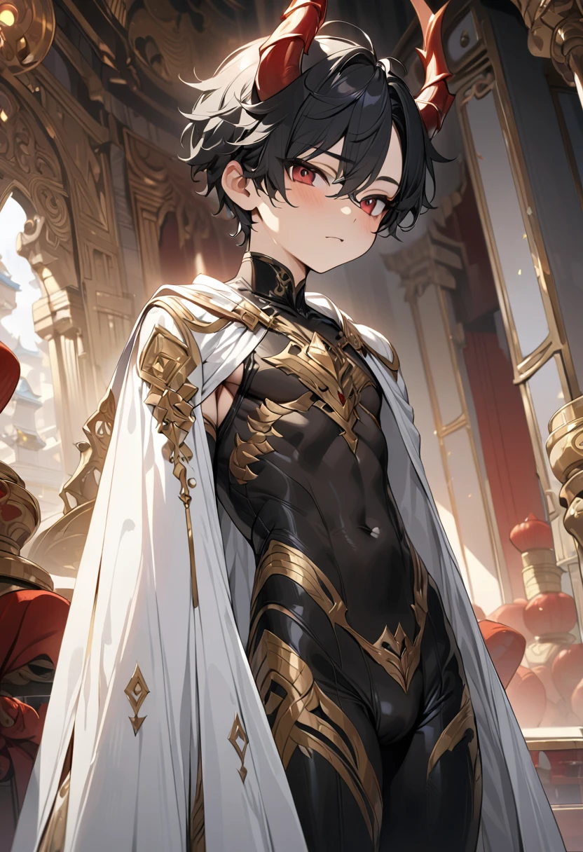 high quality,(best quality,4K,a high resolution,masterpiece:1.2),super detailed,(1 boy),(solo),juvenile,(Male juvenile),handsome and cute boy,black hair, Red dragon horn,black bodysuit with golden pattern,red eyes,Single photo,the white temple of light,magnificent palace background,Wearing a white cape behind