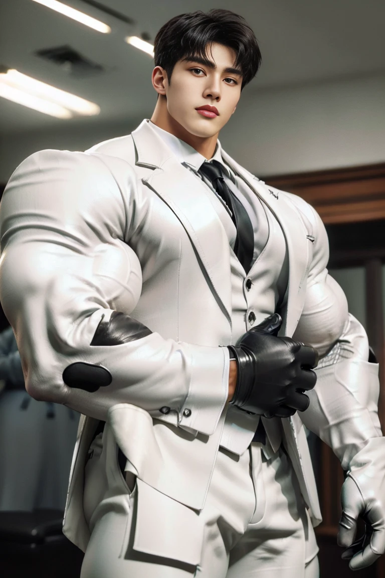 1 handsome young muscular man, (brutalmass:1.55), (kpop: 1.33), model, (detailed perfect face, black eyes: 1.2345), standing indoors, (extremely wide and broad shoulders, super muscular, giant muscles, defined abs: 1.331), (white suit, leather gloves: 1.555), realistic skin, (ultra realistic, detailed, high quality, 8k image quality, finely detailed, masterpiece, best quality: 1.2), facing camera, looking at camera
