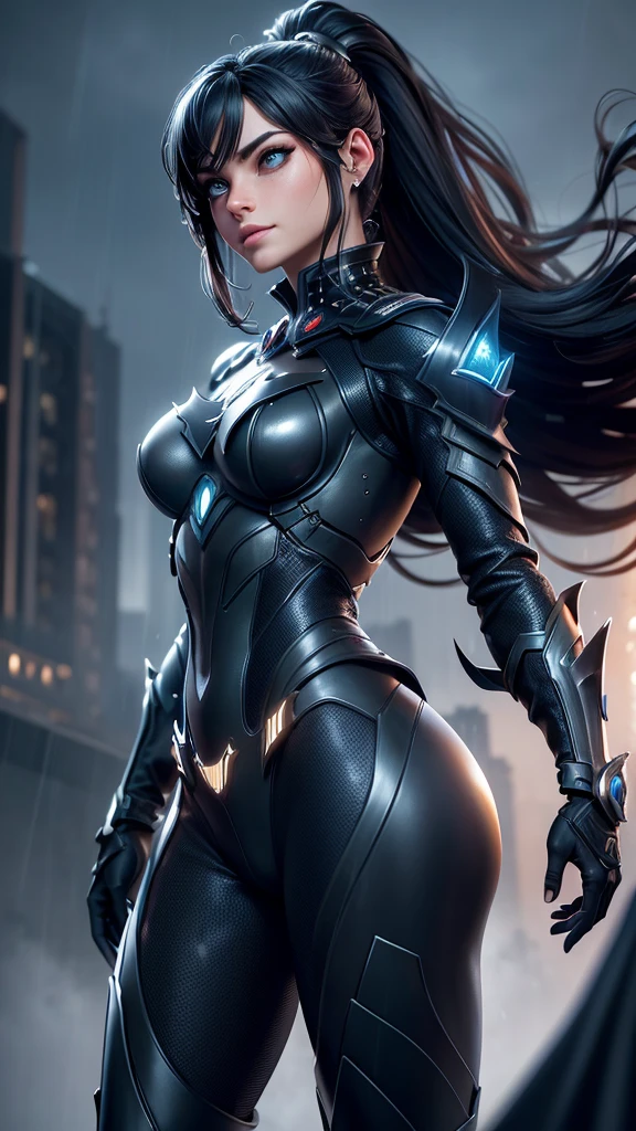 ((masterpiece, best quality)), very aesthetic, ultra detailed, intricate details, highly detailed, UHD, HDR, 8K, perfect face, woman with black hair and purple eyes, sits on a mechanical robot in a night sky background, on roof, up high, She wears a black leather suit with clear facial features in a low angle shot from below, anime with high details and studio lighting, (newest anime art style)