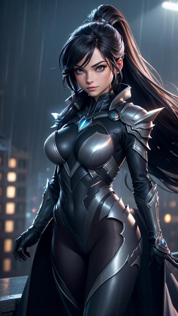 Best quality,4K,8k,high resolucion, tmasterpiece:1.2, Ultra-detailed, Realstic:1.37, illustration, futuriste, haute technologie, metallic, high detailed suit, Advanced Cybernetic Combination, Kristin Kreuk avec ponytail et des yeux verts, dressed up as Batman from DC Comics, dark atmosphere, intense illumination, Insigne de chauve-souris sur la poitrine, ceinture utilitaire avec gadgets, Masque aux yeux brillants, Detailed Muscle Definition, Finition brillante, sharp edges, Stylish design, Mysterious setting, Rain pouring in the background, Flou de mouvement, Tons de couleurs sombres, ombres intenses, Skyline de la ville au loin, Building rooftops, Simulated Raindrops, Reflection on the costume, Rivets et coutures, une forme physique extraordinaire, Position puissante, action pose, Physique impressionnant, Iconic cape that flows dramatically, Heroic Vibes, Imposing presence, blue eyes, black hair, ::loose straight hair, long hair, ::loose hair, your hair is loose and big, your hair is completely loose, hair in the wind