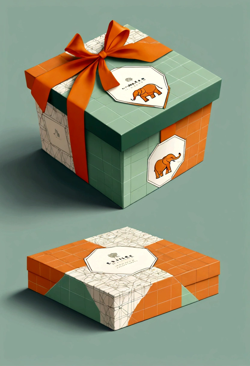 a beautifully designed gift box with handle, in the style of british plaid, geometric lines, minimalist, modern, high-end, cute, color blocking, floral patterns, a cute elephant logo, orange and light green colors, illustration, cartoon, in the style of geometric, beautiful detailed, in the style of flat color vector design