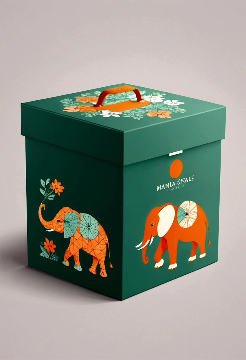 a beautifully designed gift box with handle, in the style of british plaid, geometric lines, minimalist, modern, high-end, cute, color blocking, floral patterns, a cute elephant logo, orange and light green colors, illustration, cartoon, in the style of geometric, beautiful detailed, in the style of flat color vector design