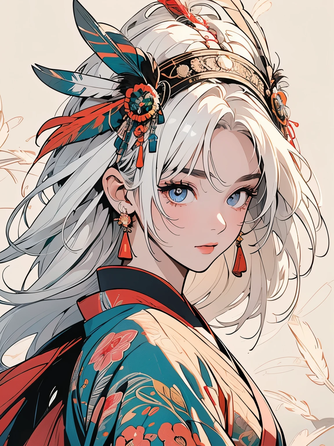 kimono, 完璧なkimono, 詳細なkimono, first-class, Super detailed, (((Super detailedな装飾))),One Woman, Perfect Face, Faint lighting, (((head shot))), Super detailedな髪、(((Sparkling Eyes))),mysterious, The wind is blowing, Panorama, Long Shot, (((Beautiful narrow-eyed monster))),(((Indian feather headdress))),Upper Body,Detailed face、Best quality face、(((Large feather ornament))),peacock feathers、(((Japanese pattern background))),(((White Hair)))