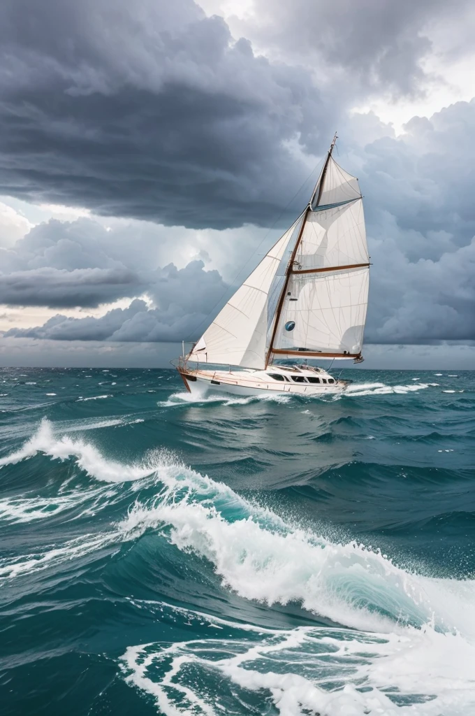 Image of a boat sailing in the ocean after being hit by wind, rain and storm