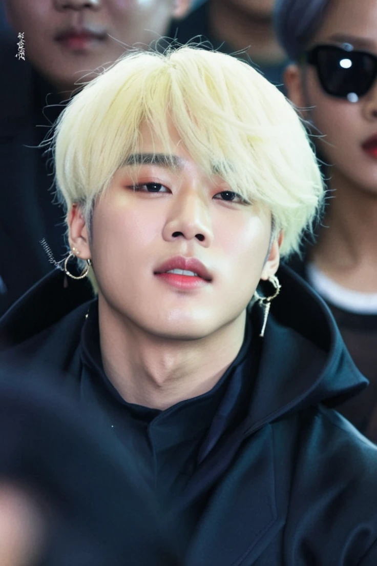 Park jimin pirate with blonde hair and elegant suit, gold jewelry, eye patch.