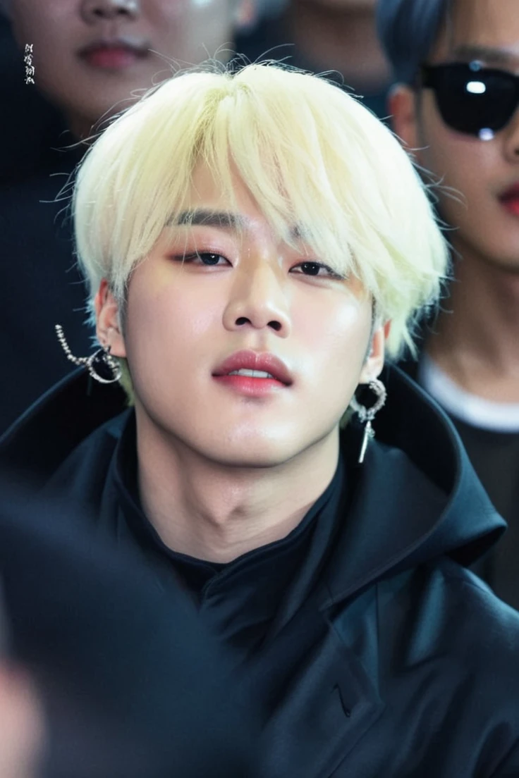 Park jimin pirate with blonde hair and elegant suit, gold jewelry, eye patch.