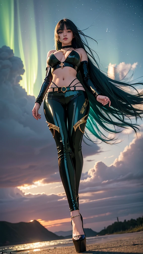 ((best quality)), ((masterpiece)), (ultra detailed), full body shot, Indonesian girl, extremely beautiful, 20 years old, ((green curvy hair)), ((hair blown by strong winds :1.3)), Award-winning photography, photography of teen girl, slim face, extremely beautiful, latex suit, belt, latex pants, ((slim body)), ((wearing high-heels)), epic lights details, night at beach, stars, aurora Borealis, nebula sky, dark orange clouds, shooting star, model posing in the middle, thighs gap, standing with legs wide open, legs wide open, necklace with emerald, ((from below))