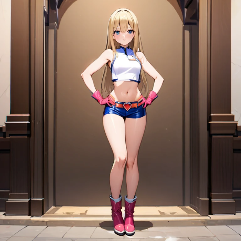 Mature girl with tall straight blonde posture, medium neck, she's naked at the top, she wears blue leather shorts, she wears pink small boots, she wears a large orange belt with a red heart-shaped buckle, she wears small pink gloves, she expose her navel, beautiful midriff, beautiful thigh, long and slim thigh, The pose appears to be facing forward with both hands on her hips, full body