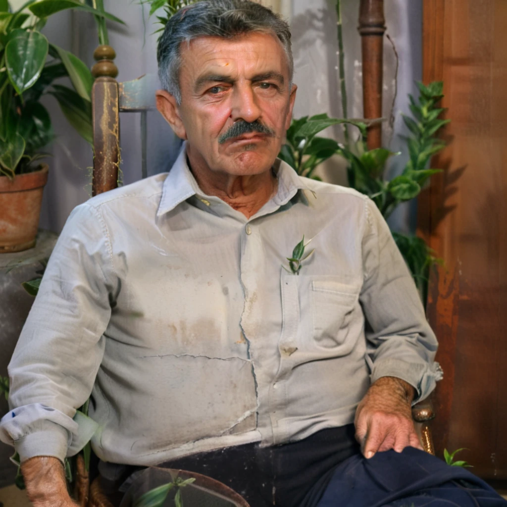 sharpened man sitting on a chair in a room with a plant, with a 50 year old face