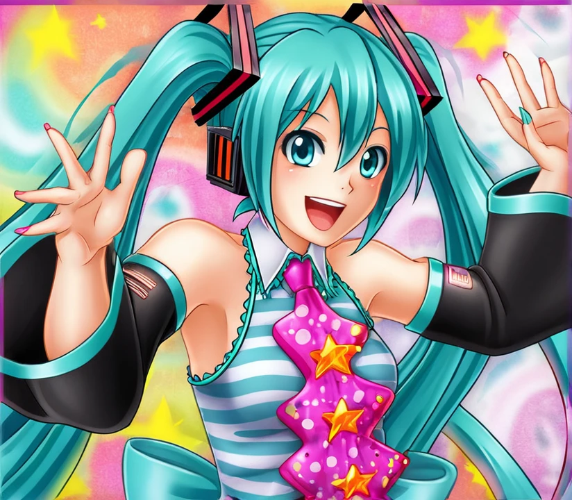 Hatsune Miku, colorful Mexican dress, half body, smiling,  , dynamic pose,,  art, by pluma de genio,