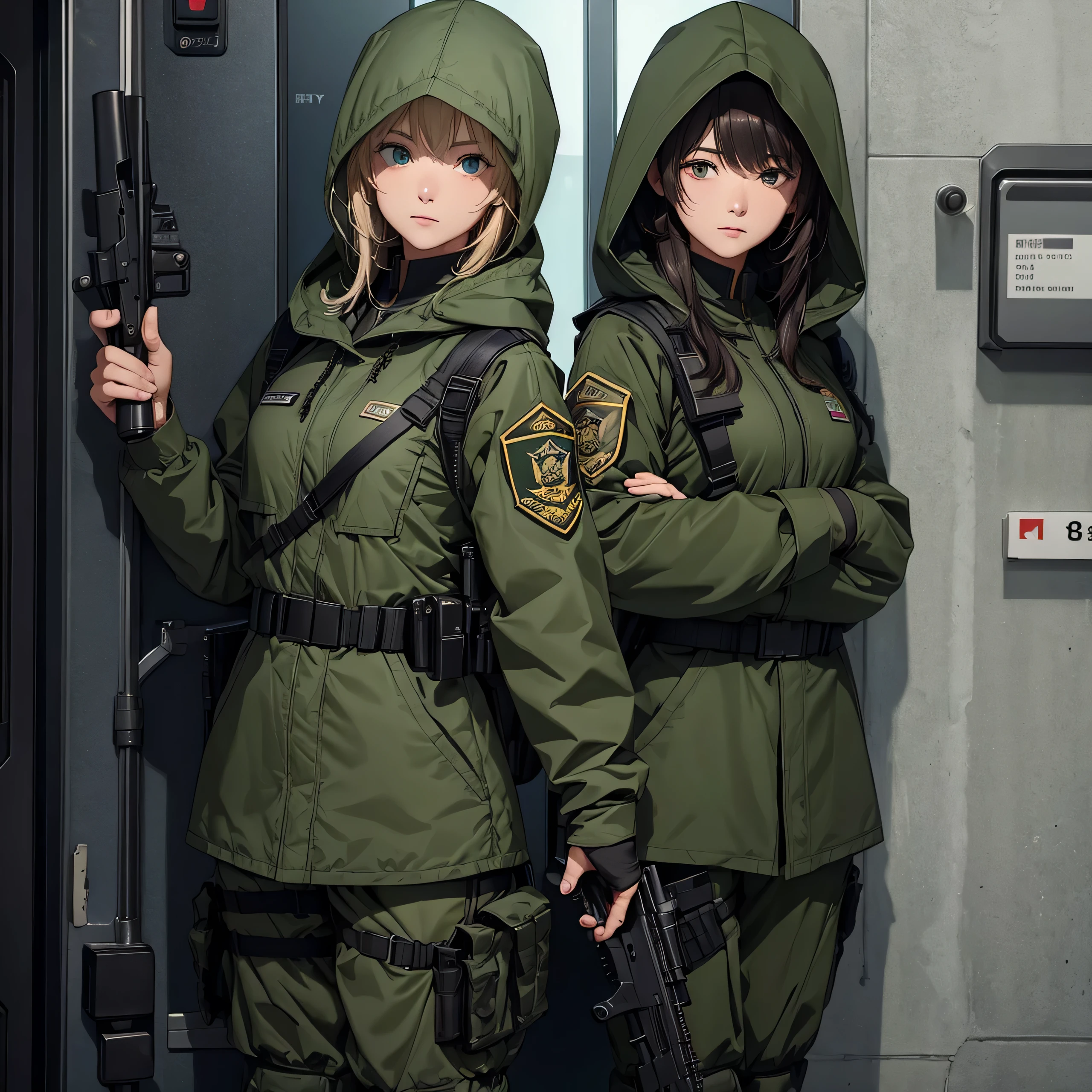 Two female soldiers wearing the same dark green M-51 hooded uniform、Hooded on head、Bulletproof vests、Gun in hand、Guard at the elevator door、Show only the upper thigh area、Best quality、Very detailed、8K
