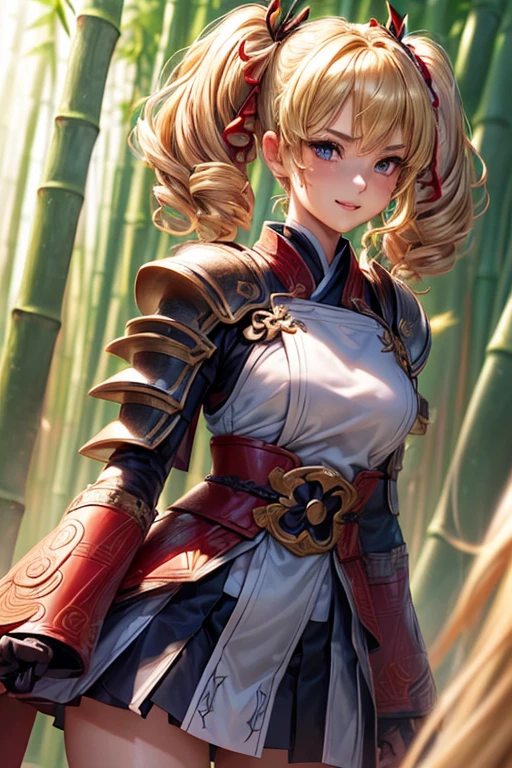 #Basics A girl is posing for a photo, animeのかわいい女の子, (((One Girl, Baby Face, Young girl, 16 years old))), 
BREAK 

#Clothing Accessories 
((Red and Black)Armor with a yukata motif : breastplate + Gauntlet + Combat Boots), 
BREAK 

#Features 
((Blonde:1.4), Curly hair:1.4, (Twin tails : Short Hair + Full and voluminous hair + White ribbon)), 
(Droopy eyes, blue eyes), (Small breasts),  
BREAK 

#background environment 
((Morning Glow, bamboo forest:1.4, well)), 
#Facial Expression Pose
((Wicked Smile), (Are standing)), 
#composition 
((Face the camera, Angle from the front, Cowboy Shot:1.4)), 
BREAK 

#Body parts elements 
(Detailed hair, Beautiful Hair, Shiny Hair), 
(double eyelid, Long eyelashes), 
(Expression of fine eyes, Beautiful and delicate eyes, Sparkling eyes, Eye Reflexes, Glitter Eyeliner), 
(Human Ear), 
(Beautiful Nose, Thin Nose), 
(Glossy lips, Beautiful Lips, Thick lips, Glossy Lips, Natural Cheeks), 
(Detailed face, Symmetrical facial features), 
(Detailed skin, Textured skin, Beautiful Skin, Shiny skin), 
BREAK 

#Quality 
(((Highest quality)), ((masterpiece)), ((Very detailed))), ((High resolution), (16K,1080P)), 
(Realistic), (Anatomically correct), 
((comics, anime)), (3DCG), CG illustration,
