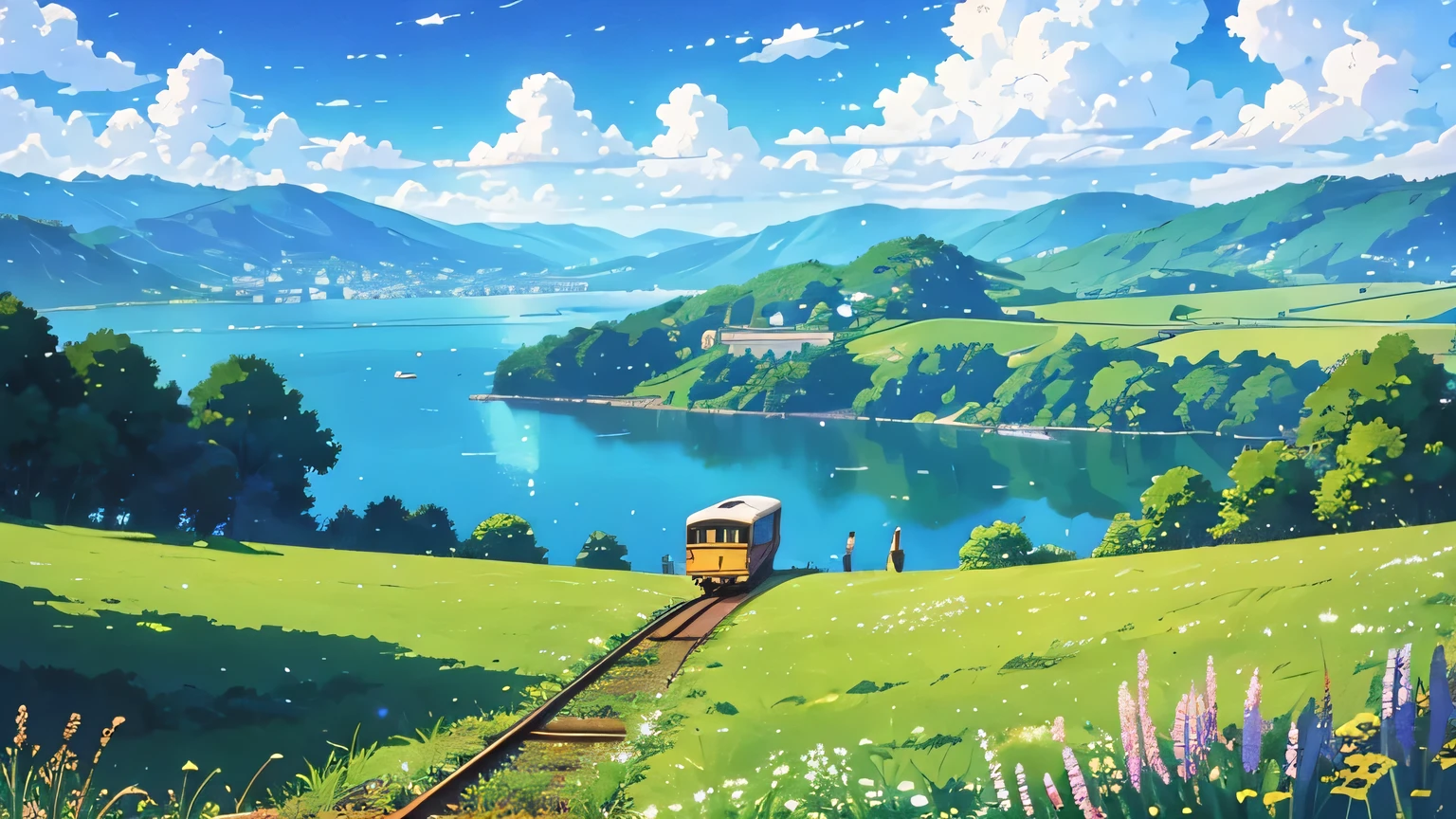 Train running through the countryside, Wide green field, The fields are full of flowers, There is a lake next to the field, The train runs on a bridge over the lake., Blue sky and white clouds, A satisfying view、Real、Paintings by Makoto Shinkai