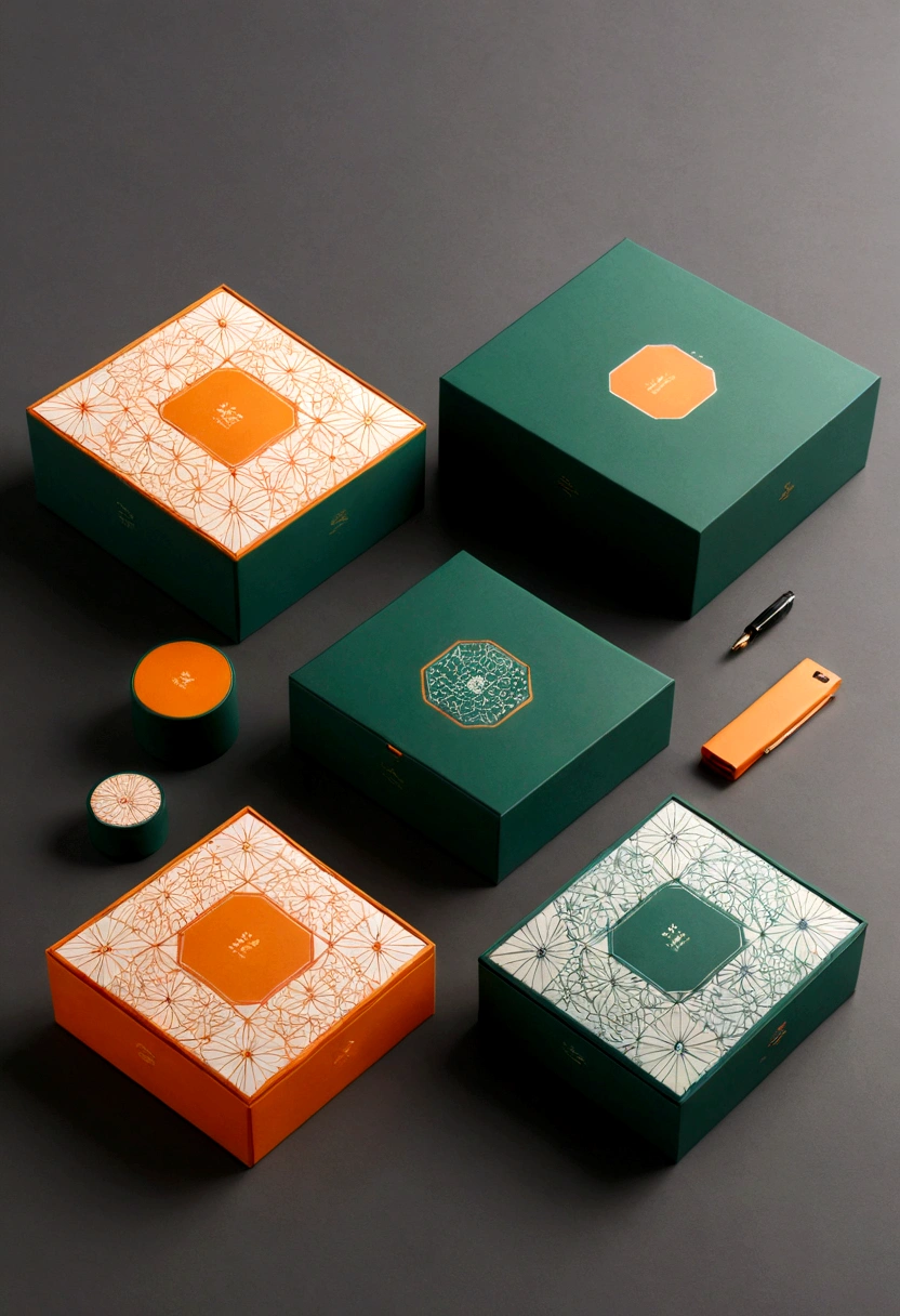 （Portable packaging box design：1.37），lattice，line，Simplicity，modern，upscale，cute，Color blocking，Flowers，（Taiping Life Insurance Logo）,Orange，Light green，illustration，Animation，in style of geometric,beautiful detailed，in style of flat color vector design, 