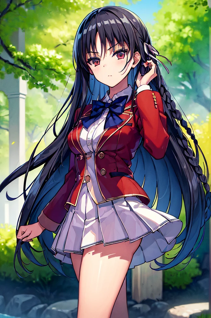 (masterpiece, best quality:1.5), (ultra detailed:1.5), perfect anatomy, 
1girl,
Suzune Horikita, 
Suzune Horikita \(youjitsu\),
long hair, braid, 
black hair, 
red eyes, slant eyes, small eyes, 
blue bow, 
medium breasts, 
, red jacket, long sleeves, white skirt, pleated skirt, black thigh-high socks, 
looking at viewer, 
cowboy shot, 
perfect light, 