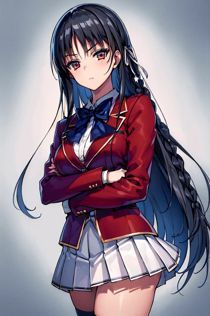 (masterpiece, best quality:1.5), (ultra detailed:1.5), perfect anatomy, 
1girl,
Suzune Horikita, 
Suzune Horikita \(youjitsu\),
long hair, braid, 
black hair, 
red eyes, slant eyes, small eyes, 
blue bow, 
medium breasts, 
, red jacket, long sleeves, white skirt, pleated skirt, black thigh-high socks, 
looking at viewer, 
cowboy shot, 
perfect light, 