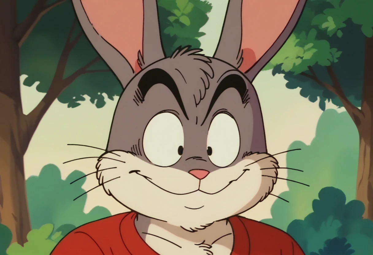 anime screencap,drgbls1, solo, anthro rabbit,male,bugs bunny, score_9, score_8_up, score_7_up, score_6_up, forest, upper body, gray fur, smile